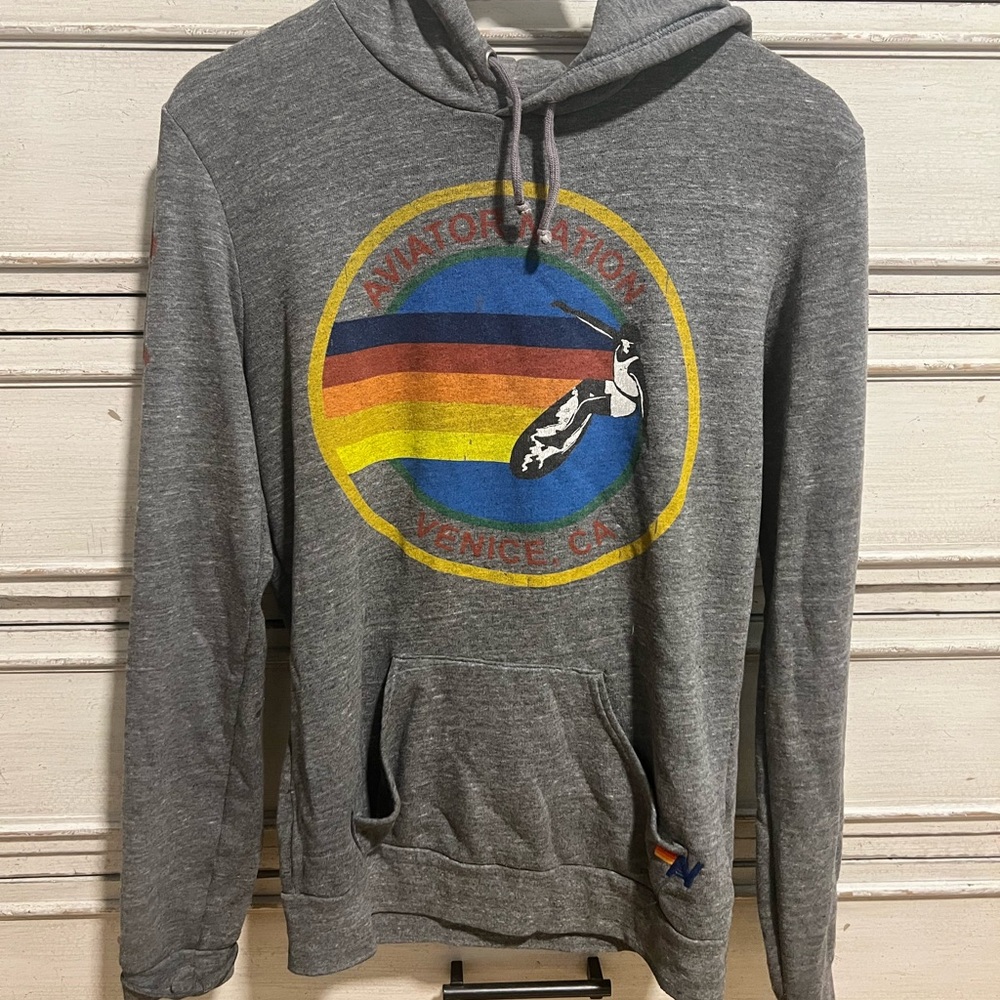 Aviator Nation  relaxed Gray Hoodie with Rainbow Stripes